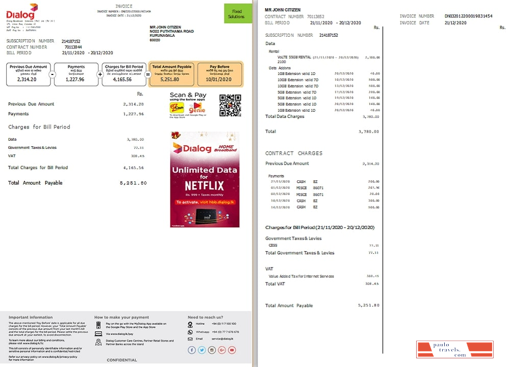 Sri Lanka Dialog utility bill template in Word and PDF format (2 pages)